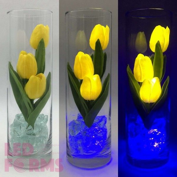 Ночник Светодиодные цветы LED FLORARIUM, жёлтые тюльпаны с синей подсветкой вазы — Купить в интернет-магазине LED Forms