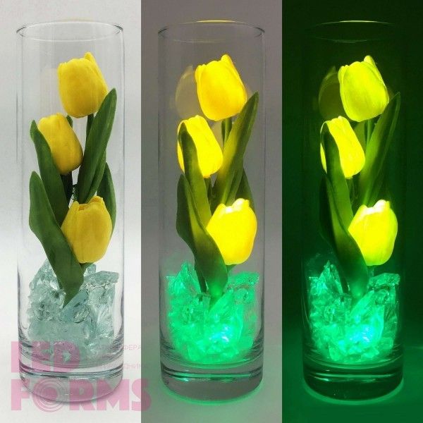 Ночник Светодиодные цветы LED FLORARIUM — жёлтые тюльпаны с зелёной подсветкой вазы