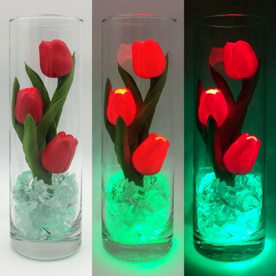 Ночник Светодиодные цветы LED FLORARIUM — красные тюльпаны с зелёной подсветкой вазы