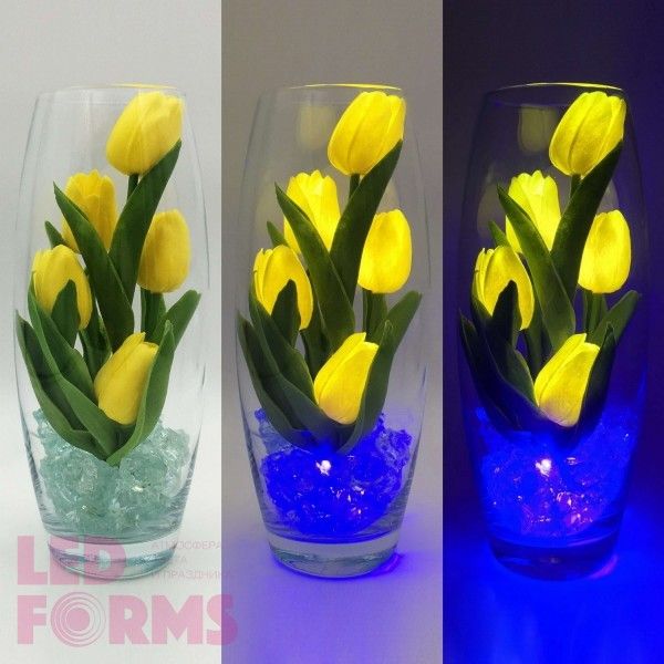 Светильник-ночник Светодиодные цветы LED GRACE — жёлтые тюльпаны с синей подсветкой вазы