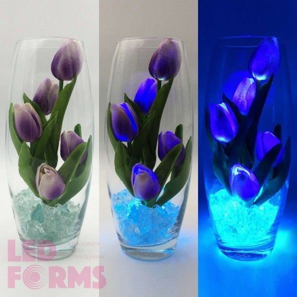 Светильник-ночник Светодиодные цветы LED GRACE — фиолетовые тюльпаны с голубой подсветкой вазы