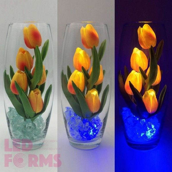 Светильник-ночник Светодиодные цветы LED GRACE, оранжевые тюльпаны с синей подсветкой вазы — Купить в интернет-магазине LED Form