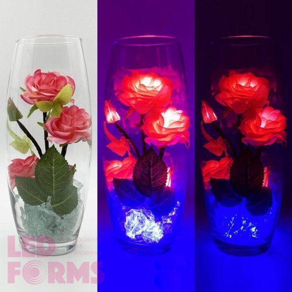 Светильник-ночник Светодиодные цветы LED HARMONY, красные розы с синей подсветкой вазы — Купить в интернет-магазине LED Forms