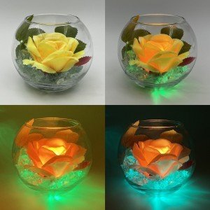 Ночник Светодиодные цветы LED SECRET — жёлтая роза с зелёной подсветкой вазы