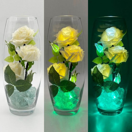 Светильник-ночник Светодиодные цветы LED HARMONY — белые розы с зелёной подсветкой вазы