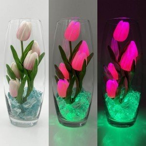 Светильник-ночник Светодиодные цветы LED GRACE — розовые тюльпаны с зелёной подсветкой вазы