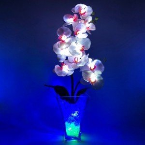 Светильник Светодиодные цветы LED INSPIRATION — белые орхидеи с сине-зелёной подсветкой вазы