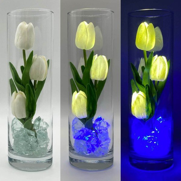 Ночник Светодиодные цветы LED FLORARIUM, белые тюльпаны с синей подсветкой вазы — Купить в интернет-магазине LED Forms