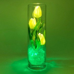 Ночник Светодиодные цветы LED FLORARIUM — белые тюльпаны с зелёной подсветкой вазы