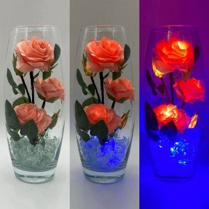Светильник-ночник Светодиодные цветы LED HARMONY — розовые розы с синей подсветкой вазы