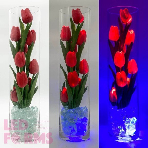 Светильник Светодиодные цветы LED SPIRIT, красные тюльпаны с синей подсветкой вазы — Купить в интернет-магазине LED Forms