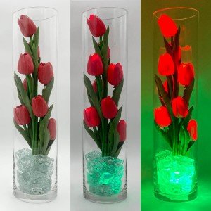 Светильник Светодиодные цветы LED SPIRIT — красные тюльпаны с зелёной подсветкой вазы